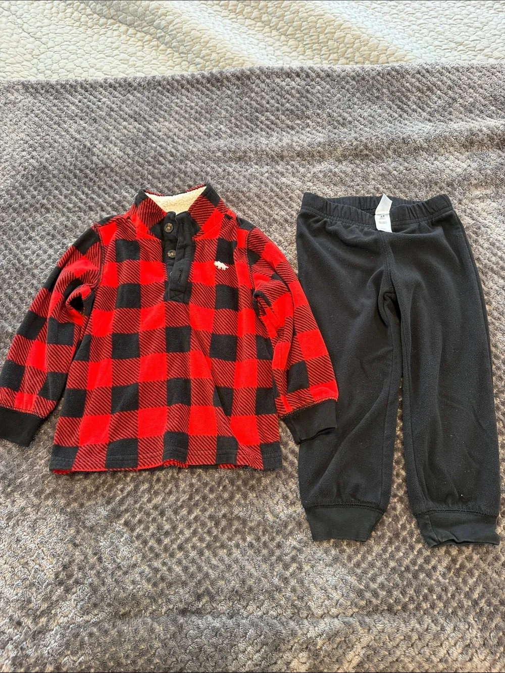 Carter's Red & Black Buffalo Plaid Dino Fleece Pullover with Black Joggers set